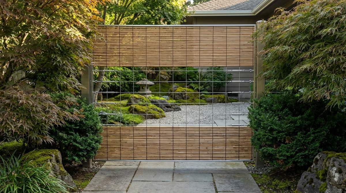 A tensioned cable bamboo gate in a Japanese garden, featuring stainless steel cables supporting thin bamboo screening panels. The cable system allows for minimal structural expression and visual lightness, ideal for wide openings where traditional posts would appear cluttered. Vertical cables are spaced 12-18 inches apart with turnbuckles for tension adjustment, while bamboo is lashed horizontally using techniques adapted for steel structures.