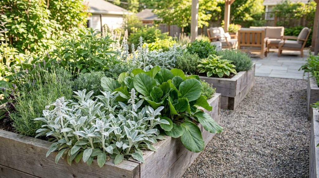 A garden border showcasing contrasting leaf textures including fuzzy lamb's ear and glossy bergenia plants in raised beds, demonstrating tactile garden design for sensory exploration and accessibility.
