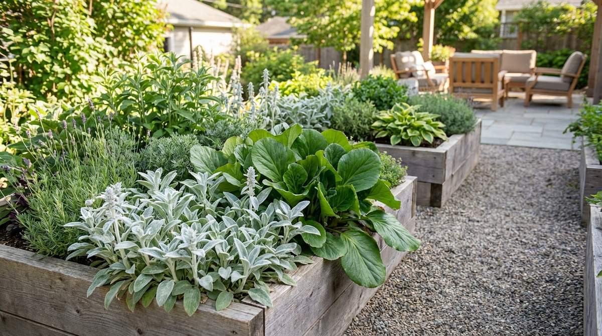 A garden border showcasing contrasting leaf textures including fuzzy lamb's ear and glossy bergenia plants in raised beds, demonstrating tactile garden design for sensory exploration and accessibility.