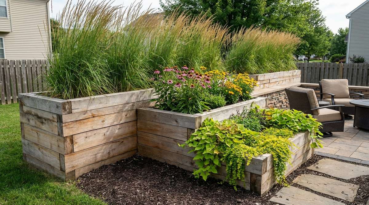 A tiered raised planter wall featuring stacked planter boxes in descending sizes, creating a graduated privacy barrier with tall ornamental grasses in back, medium perennials in middle, and trailing plants in front, ideal for small garden backyards to add architectural interest and creative planting combinations.