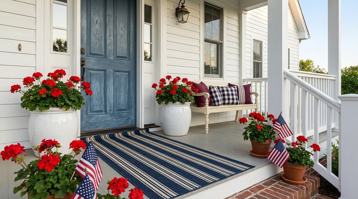 A classic outdoor porch featuring a patriotic color palette with burgundy, cream, and navy accents. Red geraniums in white planters are arranged against a blue door, showcasing sophisticated stripe and check patterns suitable for Colonial and Federal architecture year-round.