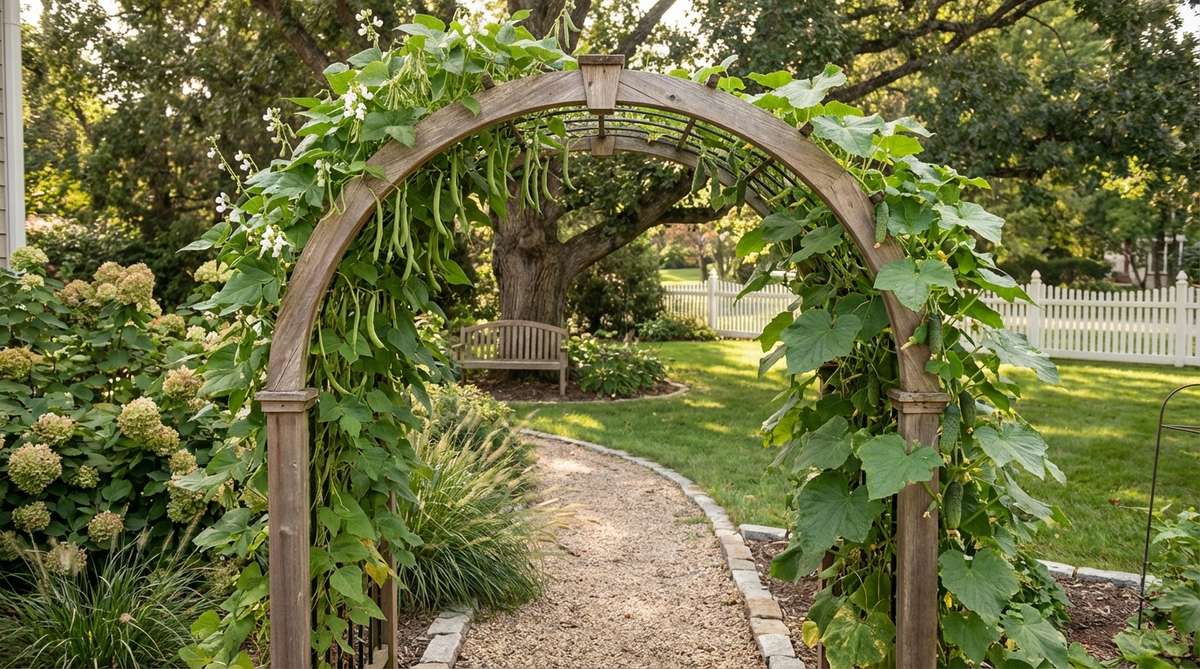 An arched garden arbor covered with climbing vegetables like pole beans and cucumbers, positioned at a pathway entrance to frame views and signal transitions between garden zones in a cozy garden setting.