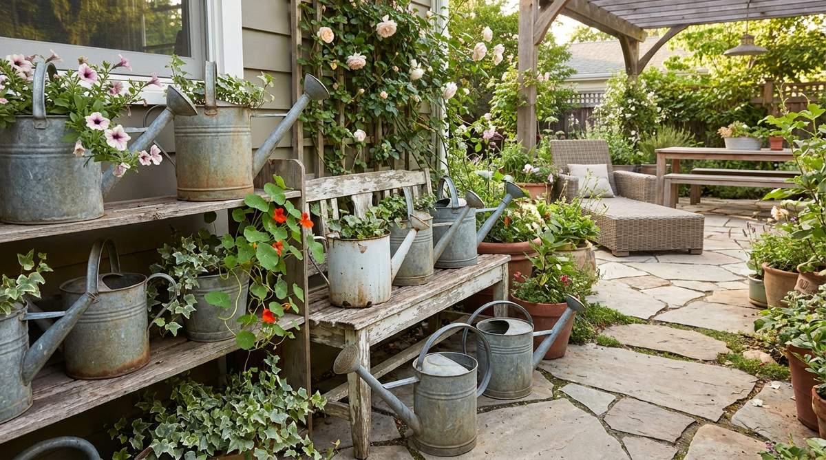 Galvanized or enamel vintage watering cans arranged as decorative accents in a boho garden setting, showcasing weathered metal and aged patina for functional beauty. Displayed on shelves or benches, or used as container alternatives filled with trailing flowers, these pieces add garden history and practical purpose to outdoor spaces.