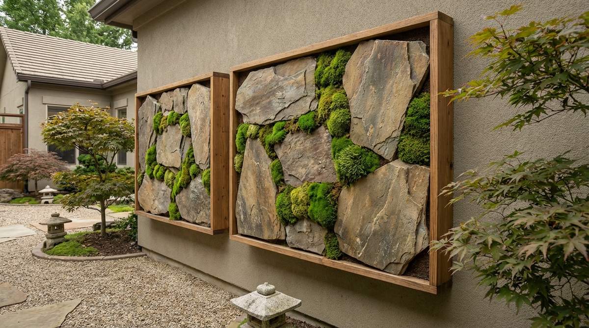 A vertical rock arrangement mounted on a wall with moss pockets in a Japanese stone garden design, featuring secure frame boxes with drainage for moss health and positioned at eye level for proper viewing orientation.