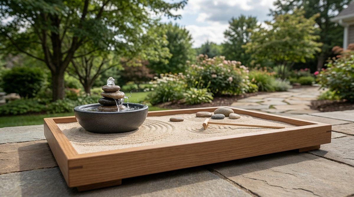 A miniature recirculating fountain integrated into a zen garden tray, creating soothing water sounds for meditation. The fountain occupies one corner with ample sand space, featuring gentle bubbling that masks office noise. The silent USB-powered pump allows for convenient desk placement, with the basin holding approximately 8 ounces of water.
