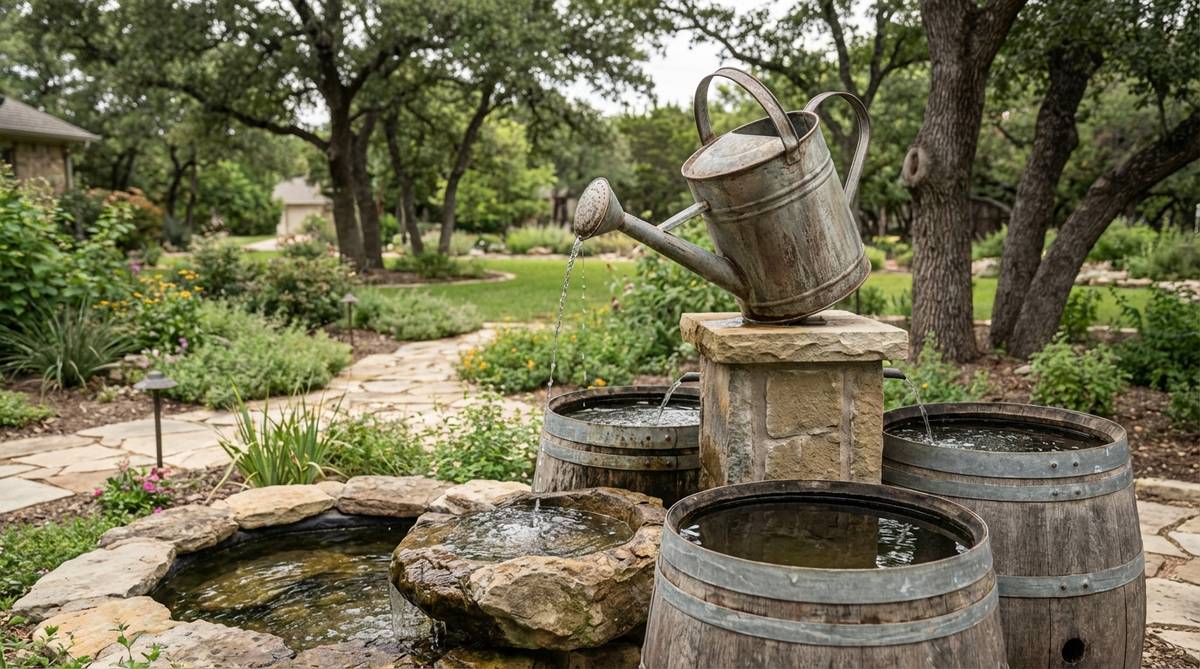Antique-style watering can fountain creating continuous water streams with distressed vintage finishes. Mounted above rain barrels or pools as a peaceful garden sculpture with gentle trickling water feature.