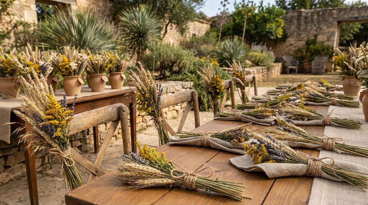 Rustic wildflower and dried grass bundles tied with natural twine or ribbon for wedding decor. These preserved materials create beautiful napkin ties, chair decorations, or favors that work across seasons without wilting concerns. Perfect for adding texture and celebrating meadow aesthetics in garden weddings.
