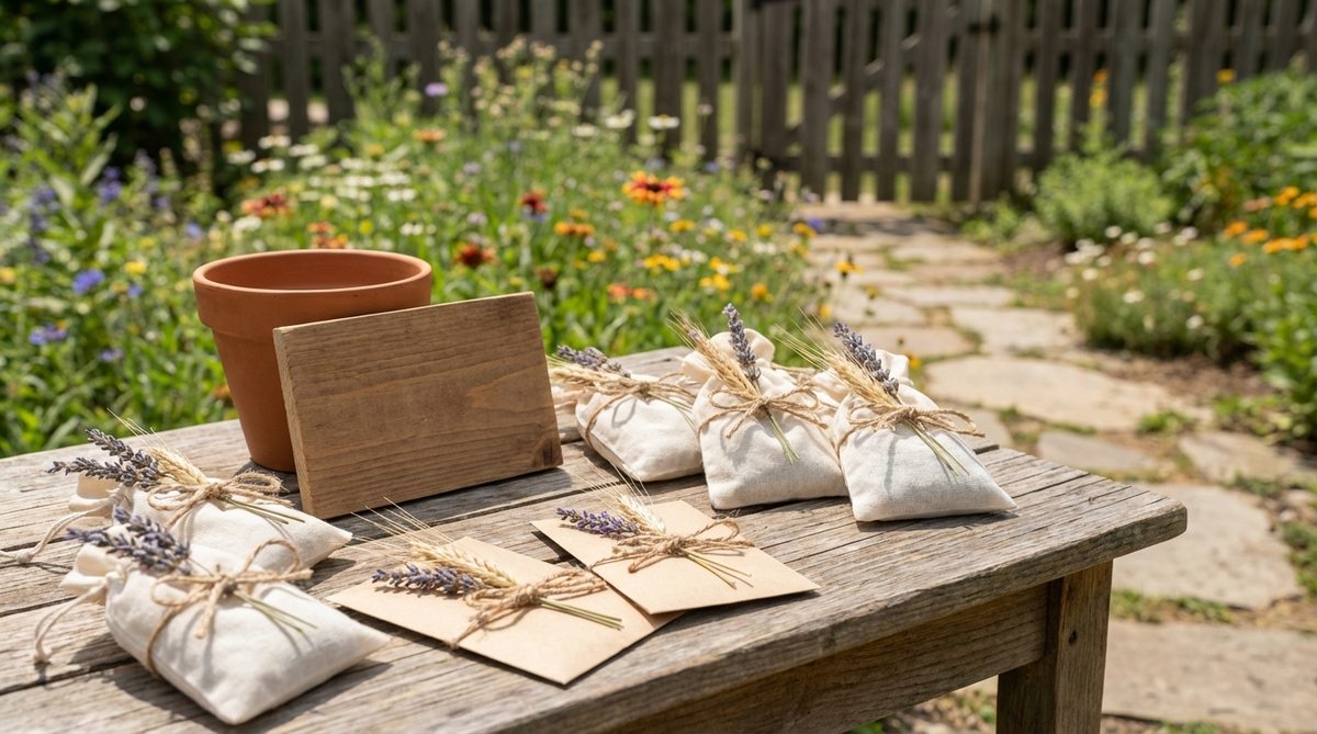 A rustic and eco-friendly boho wedding favor featuring wildflower seed packets in small envelopes or muslin bags, tied with twine and dried flower stems, symbolizing environmental stewardship and seasonal remembrance.