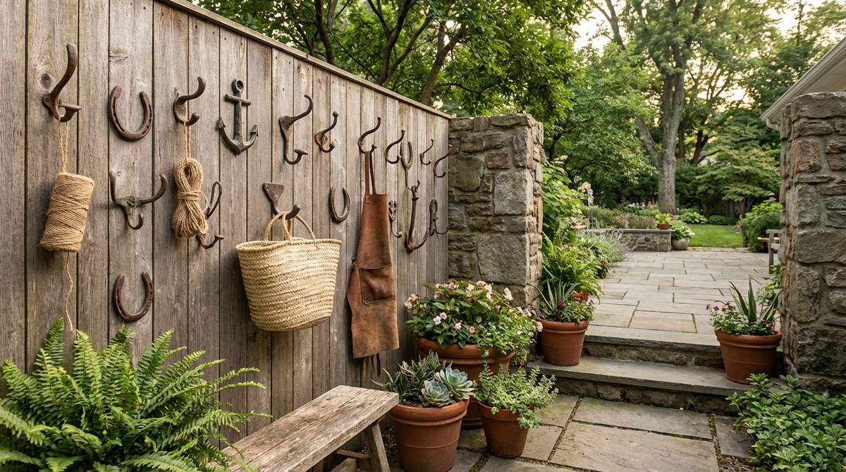 A collection of antique metal hooks in aged finishes, perfect for adding functional and decorative storage to entryways and bathrooms in an earthy boho decor style.