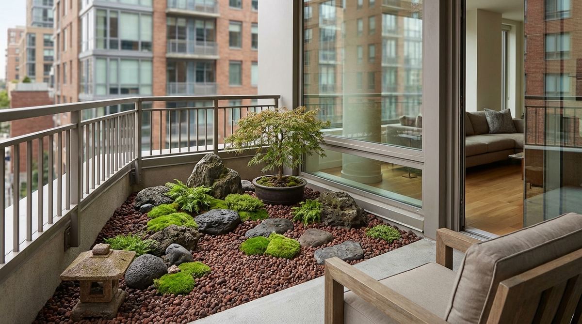 A compact Japanese stone garden designed for apartment balcony corners, featuring weather-resistant stones and hardy moss arranged for contemplative viewing from interior rooms. This urban retreat uses lightweight expanded shale instead of traditional gravel to accommodate weight restrictions on elevated balconies.
