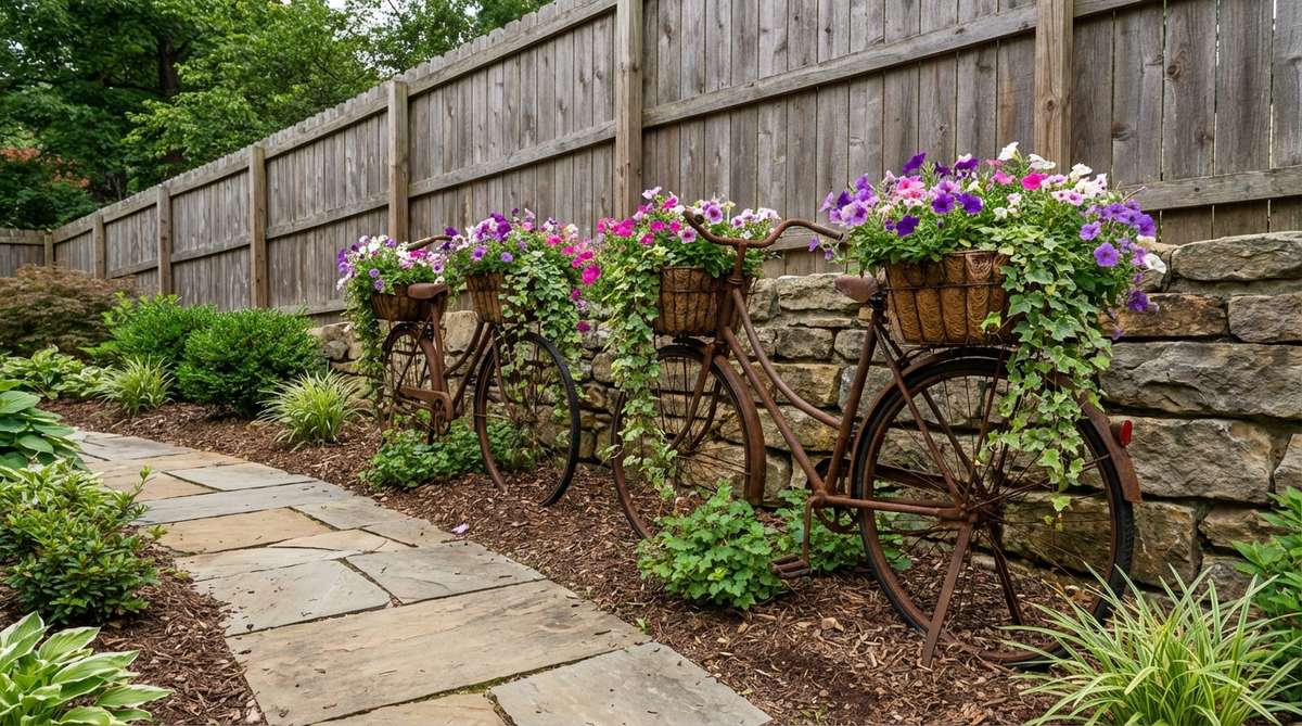 Vintage bicycle planter sculptures made from weathered steel frames with functional baskets for holding trailing plants like petunias or ivy. These 36-48 inch garden statues add vertical dimension and nostalgic European village charm when positioned against fences or walls.