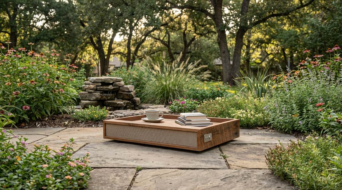 A wooden tray base with a concealed Bluetooth speaker for guided meditations or nature sounds, featuring discrete side panel volume controls. This audio enhancement deepens meditation experiences by pairing with smartphones or tablets within 30 feet.