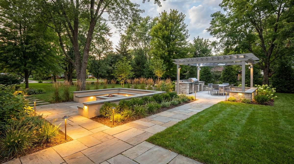 A modern outdoor LED lighting system with color temperature adjustment from warm 2000K candlelight to cool 6500K daylight, featuring circadian programming for automatic evening warmth and manual customization options for different activities and seasons.