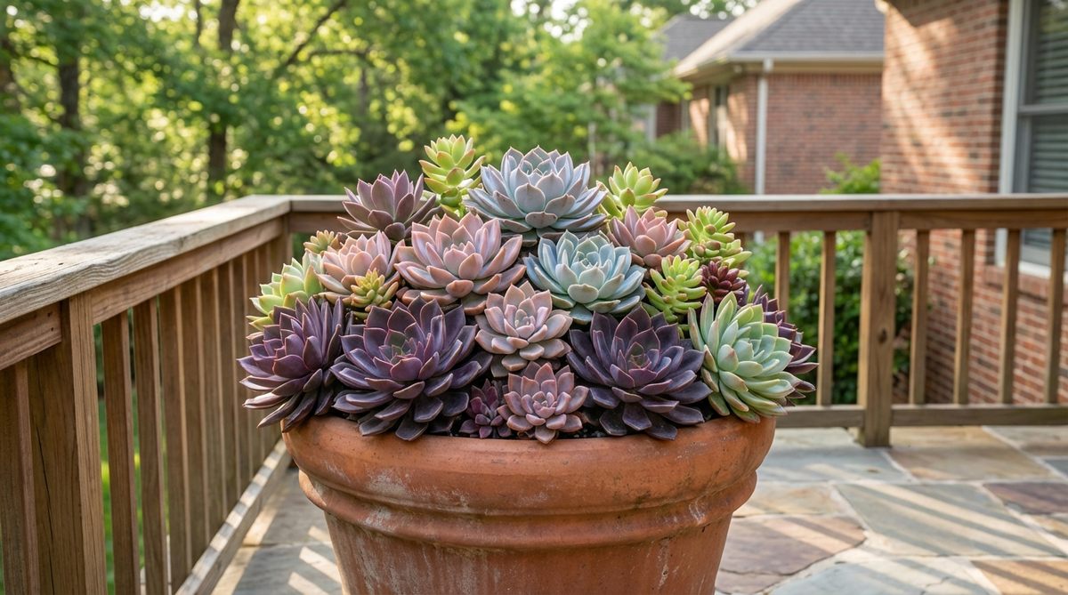 A vibrant arrangement of succulents in a container, featuring a spectrum of colors from purple to pink, blue, and burgundy, ideal for balcony decor. Darker shades serve as anchors with lighter tones as accents, showcasing plant architecture with proper spacing. Positioned to receive morning sun and afternoon shade for optimal color intensity.