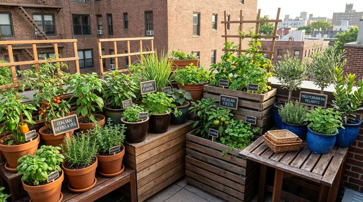 A vibrant urban balcony garden organized by culinary themes, featuring sections for Italian, Asian, Mexican, and Mediterranean cuisines with herbs and edibles like basil, oregano, tomatoes, cilantro, peppers, and limes, all clearly labeled with decorative markers to simplify meal planning and inspire kitchen creativity.