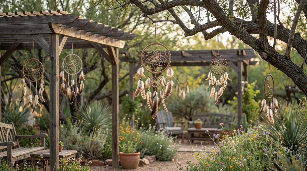 Traditional dreamcatchers with webbed designs and feather embellishments hanging from pergolas or tree branches in a boho garden, catching light and moving gracefully in the wind.
