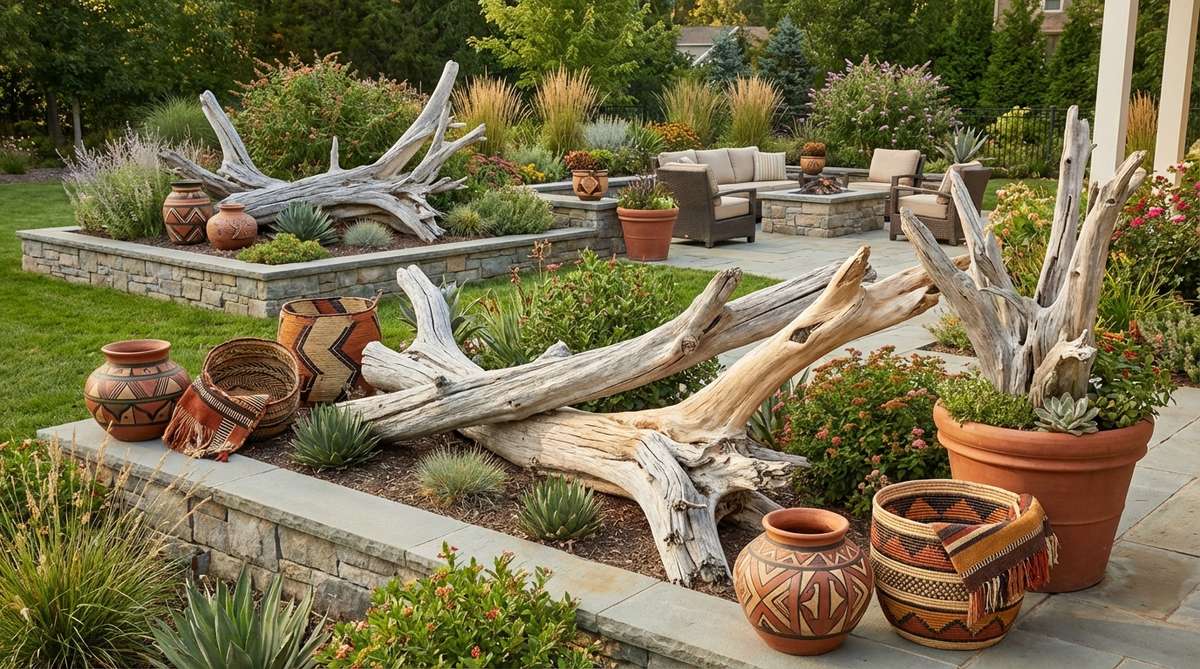 Weathered driftwood pieces in silvery gray and pale tan tones used as organic sculptures in garden beds and container arrangements. The twisted forms create natural art installations that contrast with African geometric patterns, representing the fusion of influences in afro boho decor.