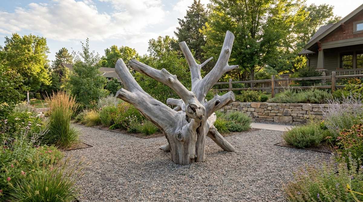 A large vertical driftwood sculpture centerpiece showcasing organic abstract forms with water-smoothed surfaces and bleached gray tones, ideal as a neutral focal point in rustic garden decor. It is securely installed in gravel or mounted with concealed fasteners, positioned at garden intersections to anchor spatial transitions and complement diverse planting palettes.