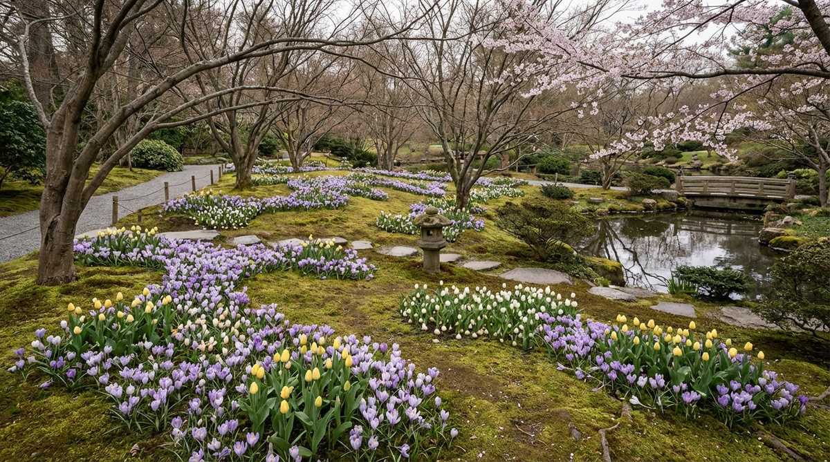 A serene Japanese garden scene showing naturalized crocus and species tulips blooming in mossy areas beneath deciduous trees in early spring. The delicate bulbs create irregular drifts of color that signal renewal before trees leaf out, celebrating the seasonal transition in harmony with Japanese garden principles.
