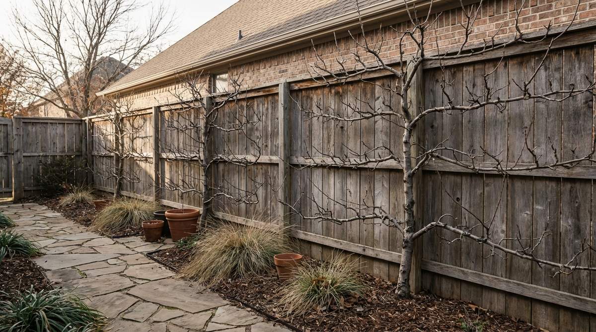 A vertical garden featuring espalier-trained fruit trees, such as apple, pear, or fig, flat against a wall or fence. The structured branching patterns create a productive and space-saving design, ideal for narrow side yards, with winter interest after leaves drop.