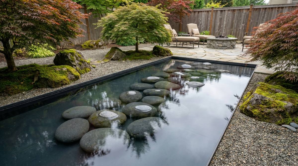 A serene Zen garden water feature with large dark stones positioned just beneath the surface of still water, creating an optical illusion of floating platforms against a dark pool background to challenge visual perception.