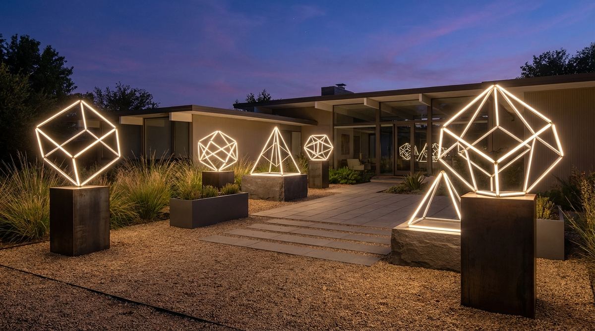 Modern geometric light sculptures made from LED strips in wireframe shapes like cubes and pyramids, creating contemporary illuminated yard art for Christmas outdoor decor. These minimalist sculptures are positioned at varying heights to create an installation-art effect, complementing modern and mid-century architecture with their clean lines and substantial illuminated presence.