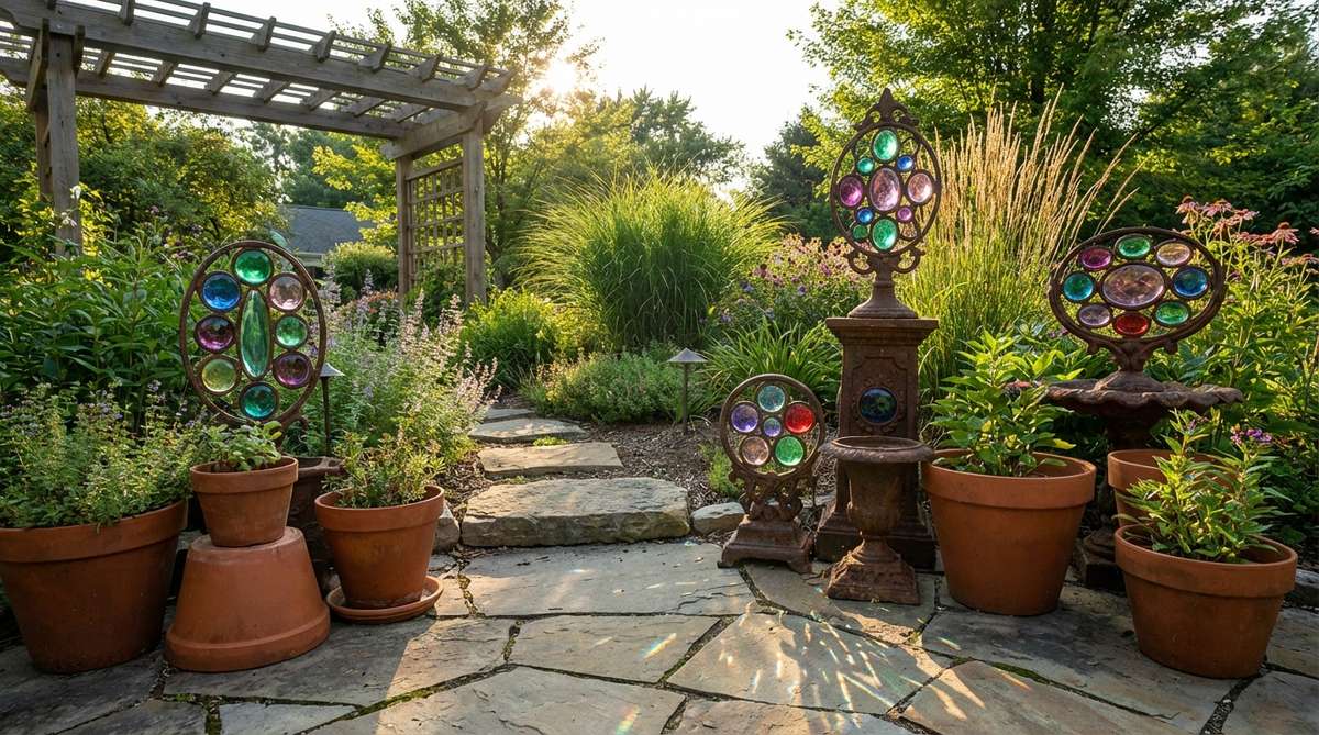 Flat-backed glass cabochons in jewel tones that adhere to garden ornaments, pots, or stepping stones. The faceted surfaces catch and refract light, creating beautiful decorative accents for outdoor spaces.