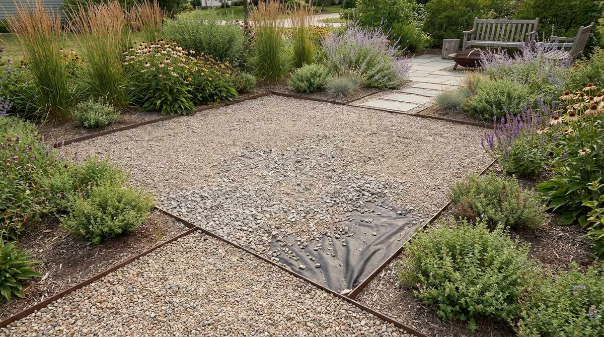 A permeable gravel patio base with crushed stone or pea gravel, showing landscape fabric installation, metal or stone edging, and contrast with surrounding planted areas for natural drainage in casual outdoor design.