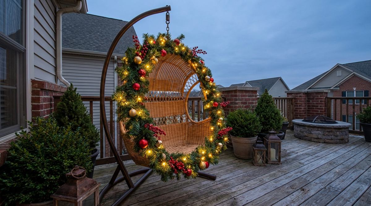 A hanging chair or egg chair decorated with evergreen garland wrapped around its suspension points and frame, creating a festive nest-like effect for Christmas balcony decor. The garland is secured with floral wire and adorned with small ornaments, berry sprigs, and woven battery-operated fairy lights for evening illumination, integrating statement furniture into holiday design.
