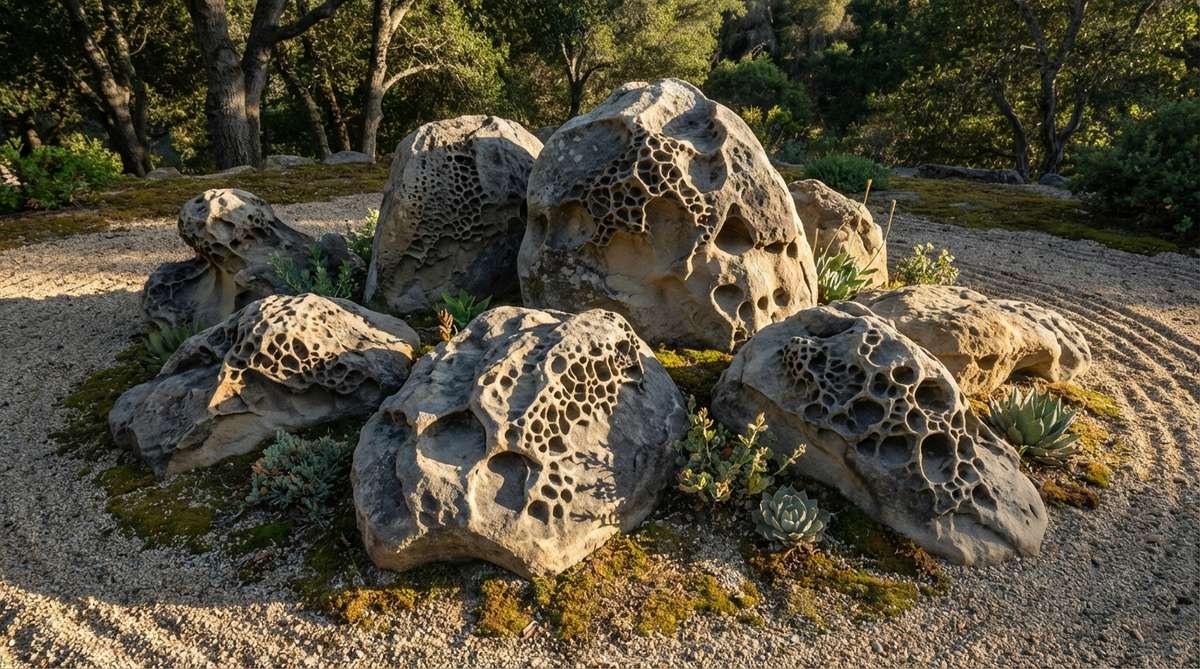 Close-up photograph of zen garden stones featuring intricate honeycomb weathering patterns, also known as tafoni. The textured surface with small erosion cavities creates dramatic light and shadow effects, showcasing nature's patient artistry. Perfect for close-up viewing in a zen garden setting where low-angle light enhances the three-dimensional texture.