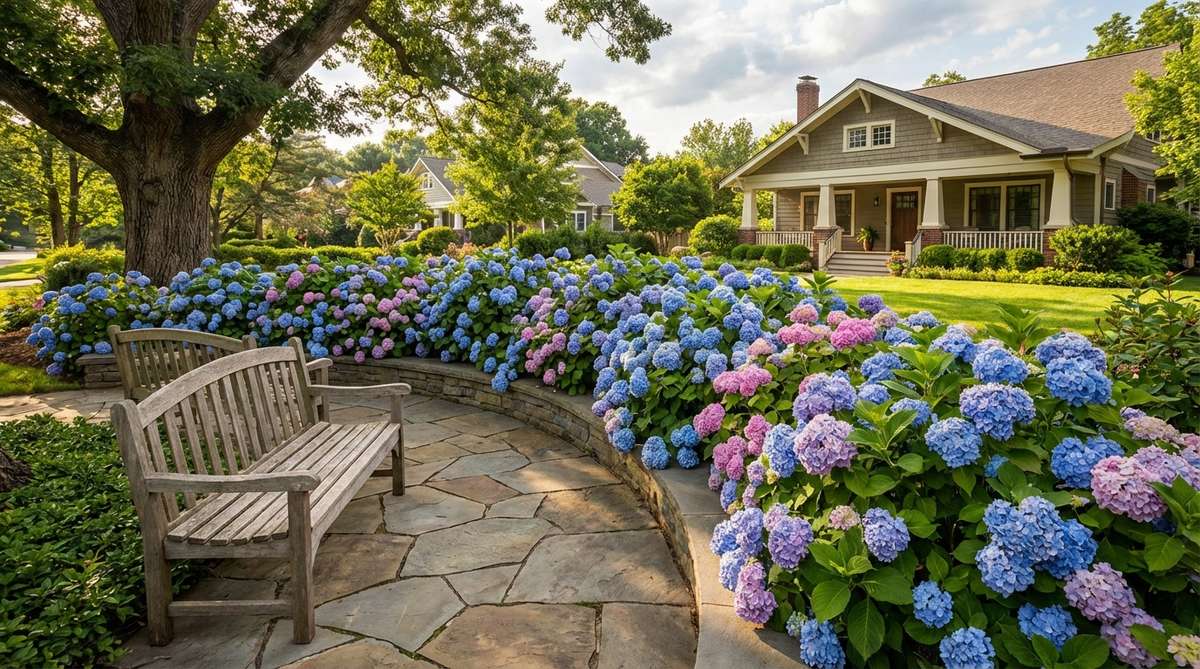 A continuous hedge of hydrangeas with mophead blooms in blue and pink, softening hardscape transitions along patio edges. This massed planting creates vibrant color impact at scale, ideal for spring outdoor decor.