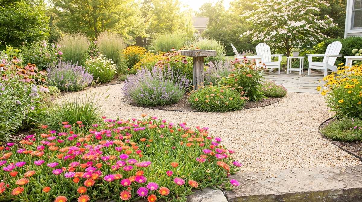 A vibrant close-up of an Ice Plant (Delosperma) showcasing its brilliant daisy-like flowers in neon shades, set against succulent green foliage. This perennial groundcover thrives in full sun, with flowers blooming heavily in early summer and providing color in challenging garden locations.