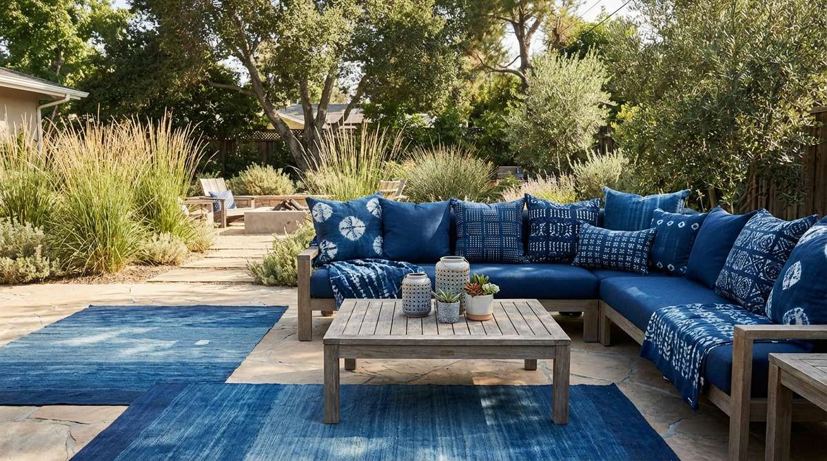 A modern boho decor setup featuring deep blue tones of indigo and navy in hand-dyed textiles, batik patterns, and solid pillows, providing grounding accents that blend contemporary style with global inspiration.