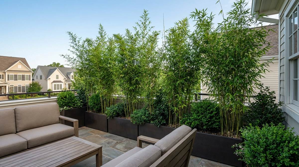 A vertical garden panel with trellis framework creating a dense green privacy wall on a balcony. Fast-growing vines like jasmine provide full coverage, while integrated planter boxes support climbing plants. This living wall offers privacy, aesthetic appeal, and environmental benefits like sound absorption and air cooling.