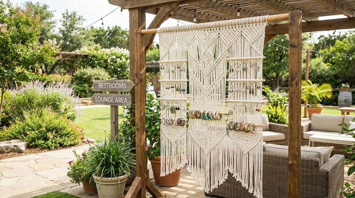 A macrame wall hanging used as a functional jewelry display at an outdoor boho wedding, designed to hold earrings and bracelets for guests, placed near restrooms or lounge areas to prevent lost accessories.
