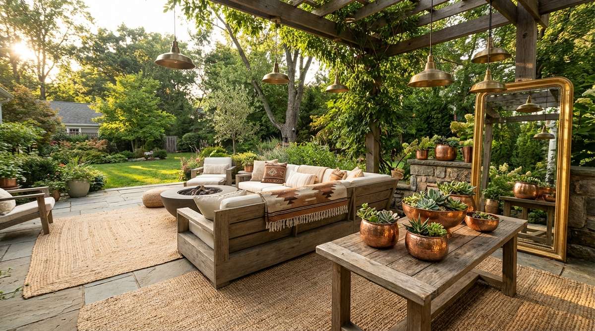 A boho-style interior featuring warm metallic accents like brass pendant lights, copper bowls, and gold-framed mirrors, showcasing how metallics complement earthy tones and add refined shine to casual arrangements.