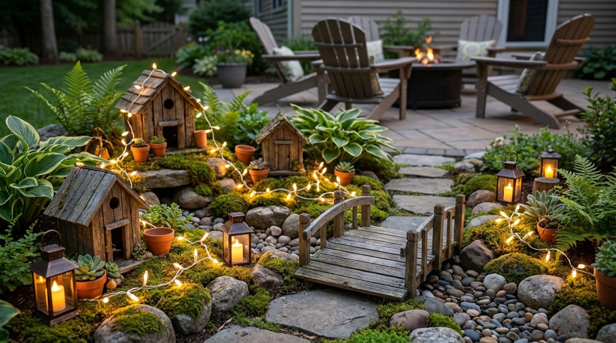 A miniature garden illuminated with battery-operated LED string lights and small lanterns, creating a magical nighttime glow that enhances the fairy tale atmosphere and extends viewing pleasure beyond daylight hours.
