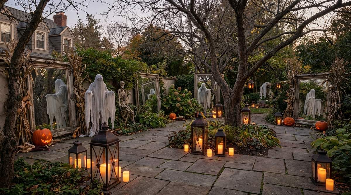 A spooky outdoor Halloween scene with strategically placed mirrors reflecting candles, ghosts, and skeletons, creating an infinite and mysterious effect in a garden setting.