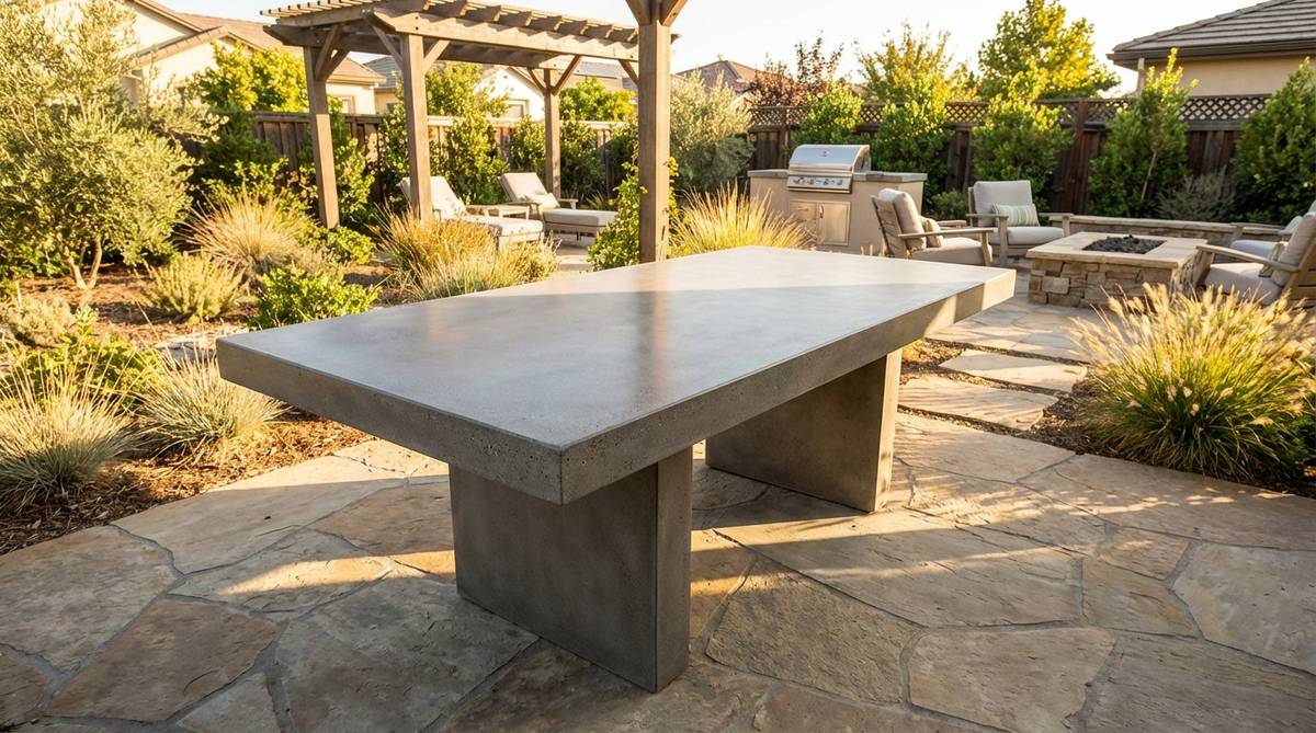 A durable, weather-resistant monolithic concrete table for outdoor dining or work, featuring single-piece construction with reinforced and sealed surfaces to prevent cracking and stains in modern garden settings.
