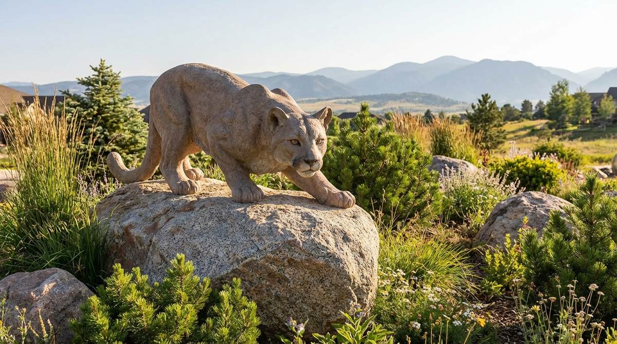 A realistic mountain lion sculpture in a crouching, stalking position, ideal for adding dramatic predatory energy to rock gardens and naturalized areas. This garden decor piece features a low, powerful body and focused gaze to create tension and movement, perfect for mounting on elevated rocks or hillside locations to survey territory.