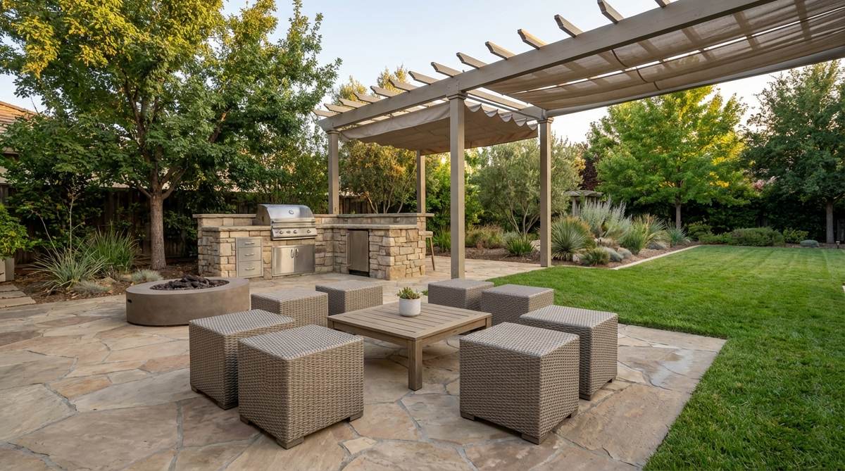 A versatile outdoor patio setup featuring 6-8 identical cube ottomans arranged as modular seating, showcasing flexibility for social gatherings, dining, or storage in weather-resistant design.