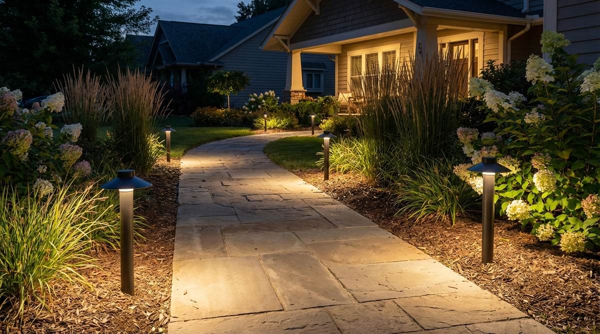 Low-voltage LED path lights installed along a garden walkway, positioned every 6-8 feet for safe navigation and welcoming ambiance. The fixtures feature downward-facing shields to prevent glare and complement the home's architecture with sleek modern cylinders. Warm white bulbs create inviting tones that increase usability and security while showcasing the landscape investment after dark.