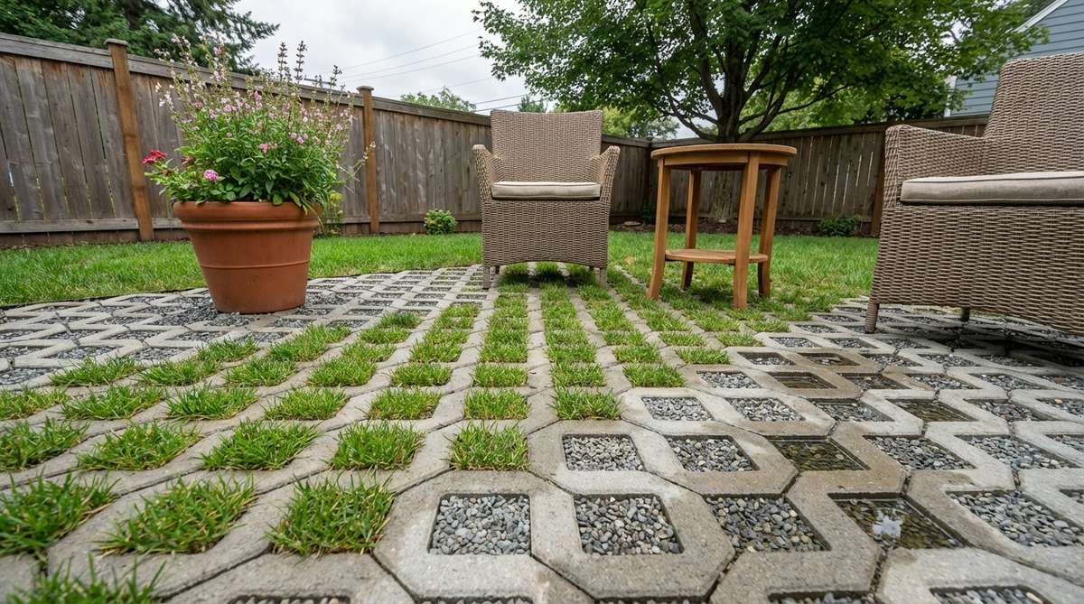 A close-up view of grid-style permeable pavers with open cells filled with grass or gravel, installed on an aggregate base for drainage. This system supports furniture and vehicle loads while managing water infiltration, ideal for small garden patios with stormwater regulations.