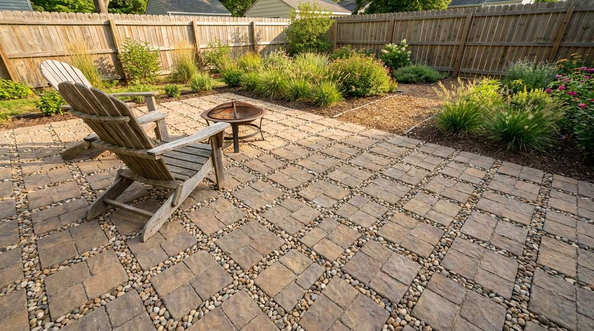 A permeable paver patio installation in a small garden backyard, showing pavers with gravel-filled gaps that allow rainwater infiltration while providing a stable surface for outdoor furniture and foot traffic. This eco-friendly landscaping solution helps reduce runoff, supports groundwater recharge, and complies with stormwater regulations.