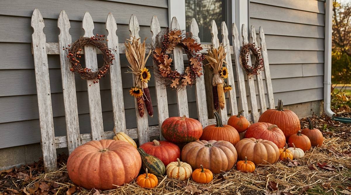 Vintage picket fence section leaning against a porch wall, serving as a backdrop for a layered pumpkin arrangement in graduated sizes. Small wreaths and dried flower bundles are attached to the fence, creating architectural structure and clear display boundaries for outdoor fall decor.