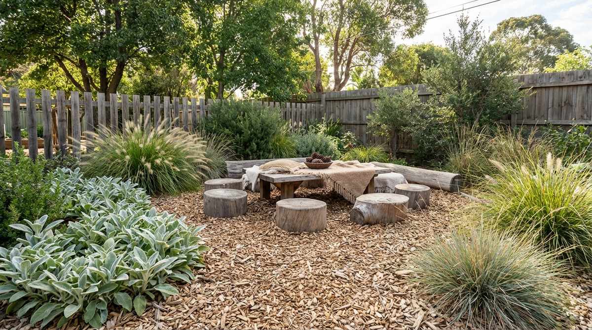 A serene garden corner designed for children, featuring log seats, a low table, and sensory plants like lamb's ear and ornamental grasses. The area includes soft materials, natural textures, and wood chips underfoot to encourage calm, imaginative play in a peaceful outdoor setting.