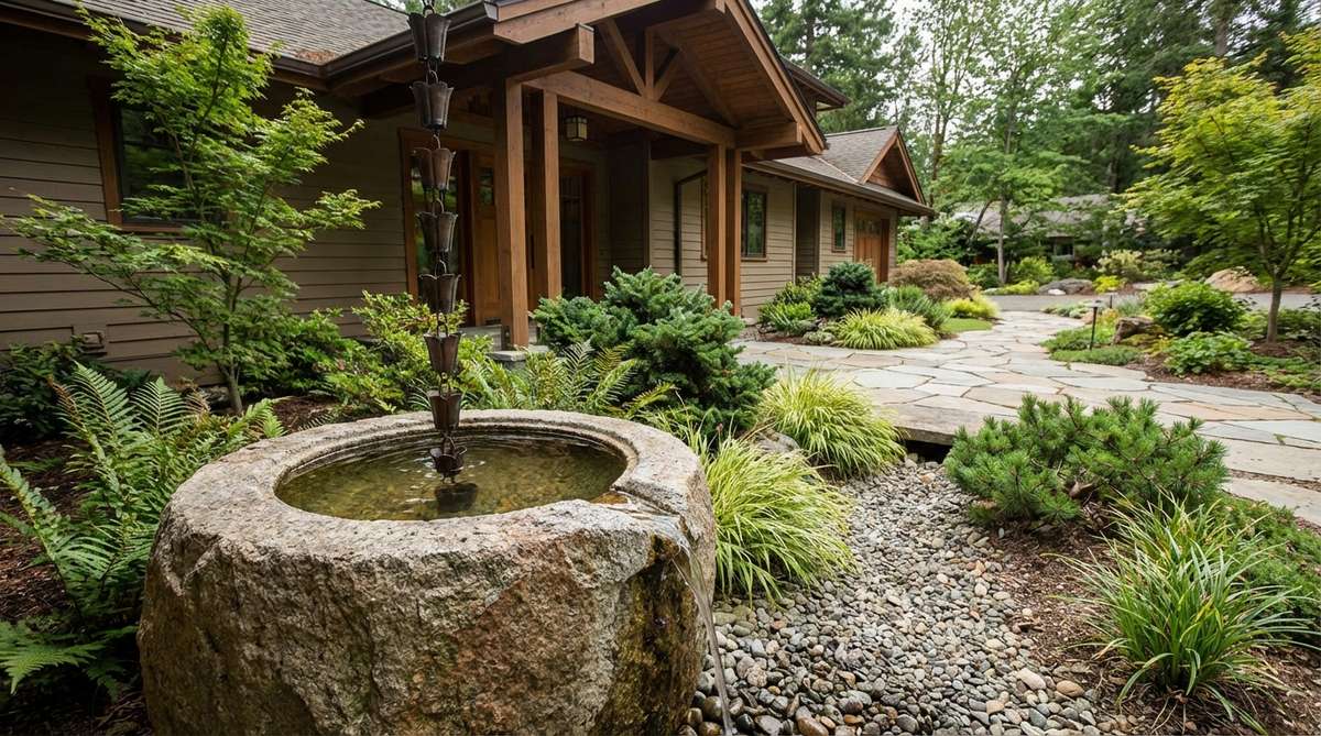 A decorative stone basin collecting rainwater from a roof in a modern Japanese garden, connected to rain chains and directing overflow to planted areas for sustainable irrigation.