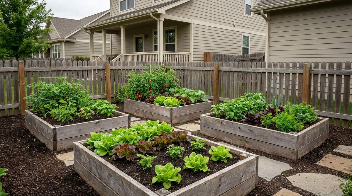 A detailed illustration of raised bed intensive blocks in a small garden, showing 3-4 feet wide beds designed for easy access without soil compaction. The image highlights the premium soil mix and dense planting layout, which increases vegetable production by 30-40% compared to traditional methods, optimizing space and yield in compact areas.