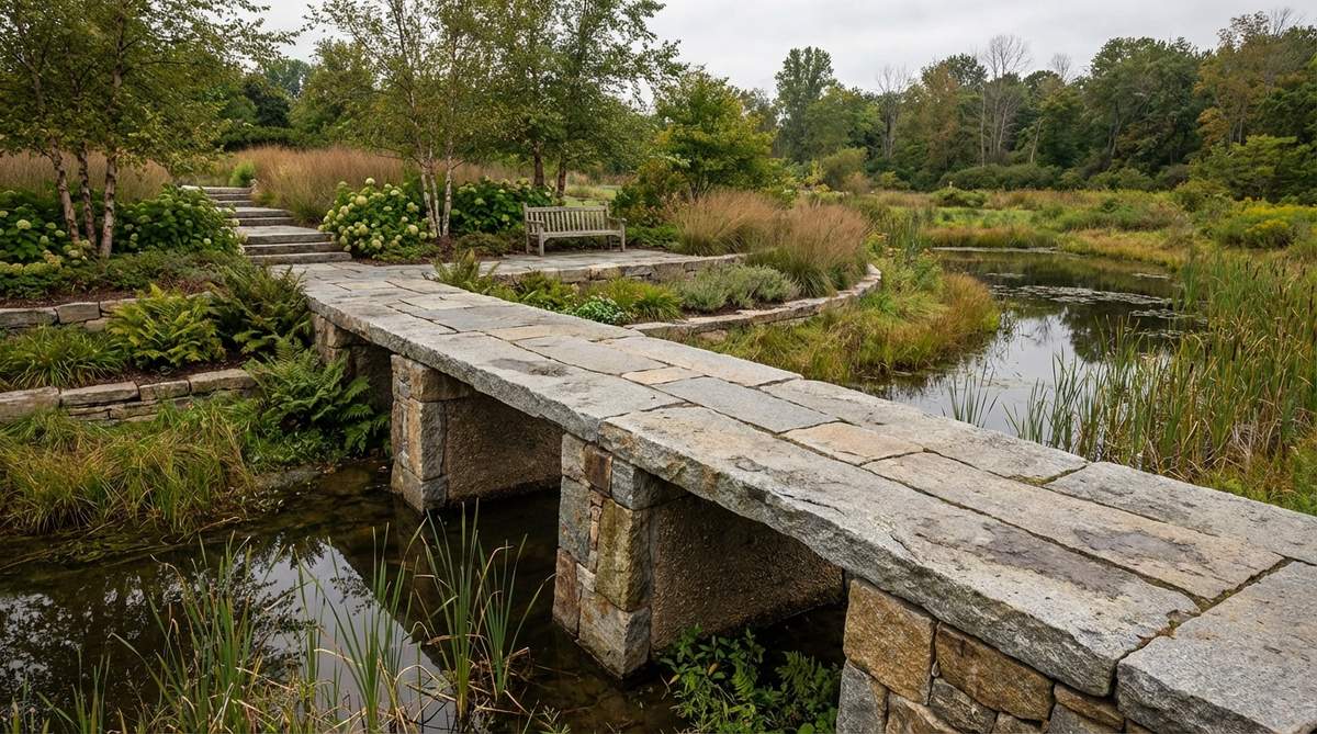 An elevated stone pathway spanning a wet area, showcasing architectural drama and garden perspectives, with compacted gravel piers and planted borders highlighting the elevation change.