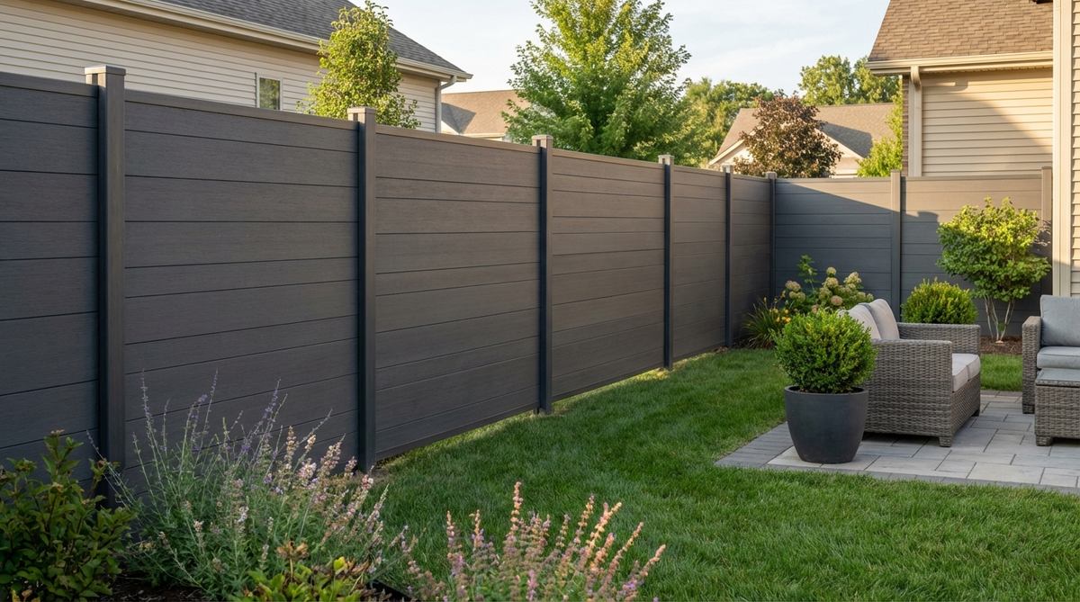 A modern small garden fence made from recycled plastic composite panels, showcasing durable, fade-resistant panels in uniform colors that require no maintenance. The fence demonstrates sustainable design by using post-consumer plastic waste while providing long-lasting boundary protection.